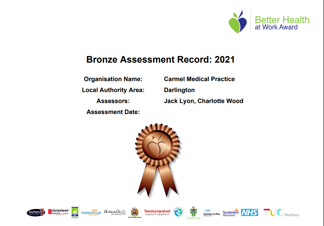 Bronze Assessment Record certificate for Carmel Medical practice
